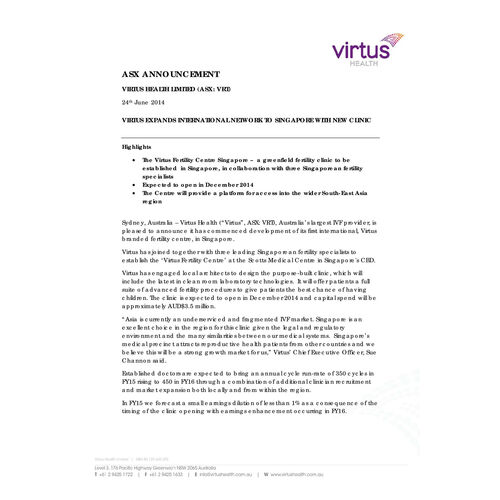 2014 Virtus Health Expands International Network to Singapore with New Clinic
