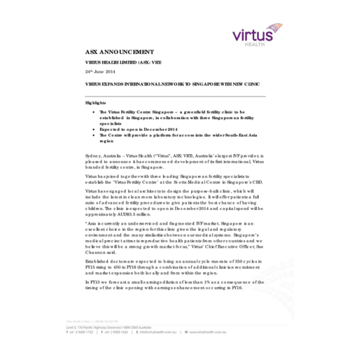 2014 Virtus Health Expands International Network to Singapore with New Clinic