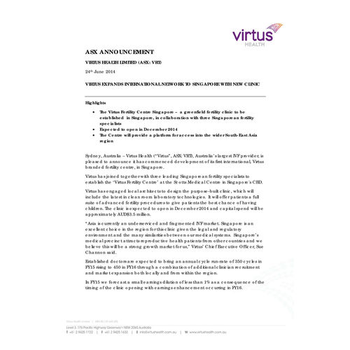 Virtus Health Expands International Network to Singapore with New Clinic