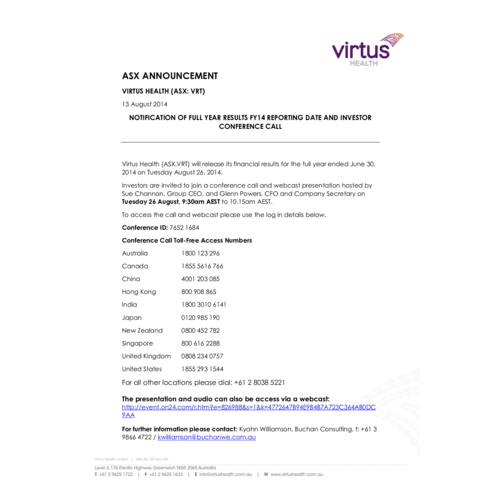 Notification of Full Year Results FY14 Reporting Date & Investor Conference Call