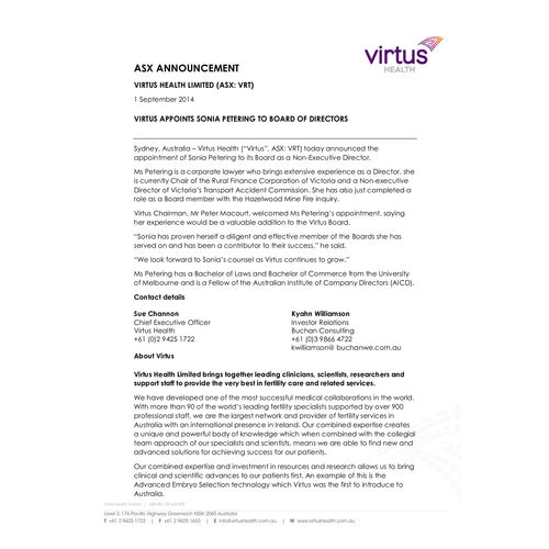 Virtus Health Appoints Sonia Petering to Board of Directors
