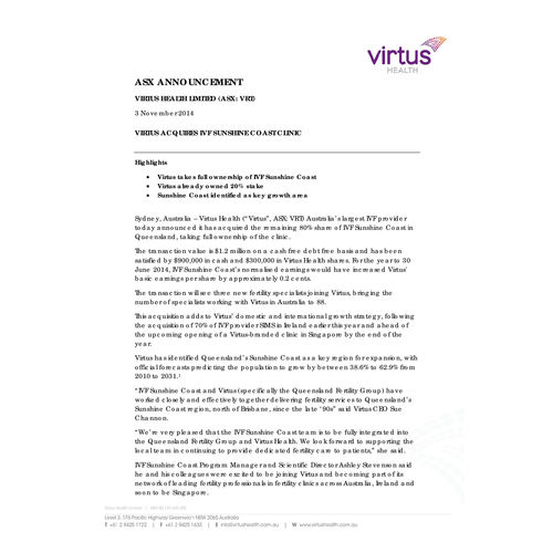 Virtus Acquires IVF Sunshine Coast Clinic
