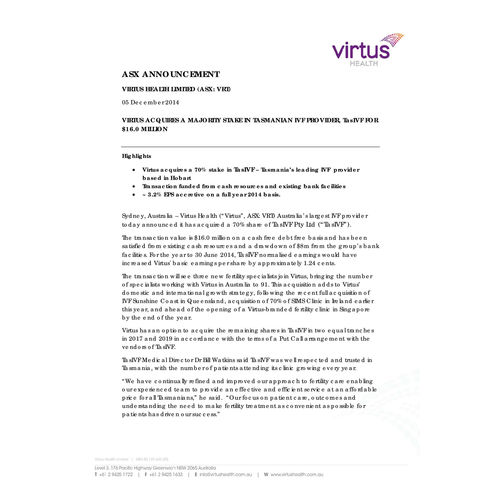 Virtus Acquires a Majority Stake in Tasmanian IVF Provider, TasIVF for $16.0 Million