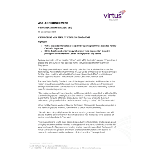 Virtus Opens New Fertility Centre in Singapore