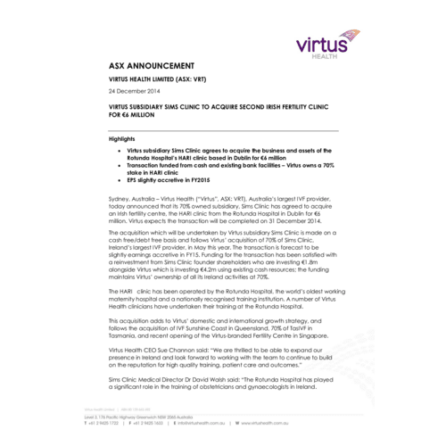 Virtus Subsidiary Sims IVF Clinic to Acquire Second Irish Fertility Clinic for €6 Million