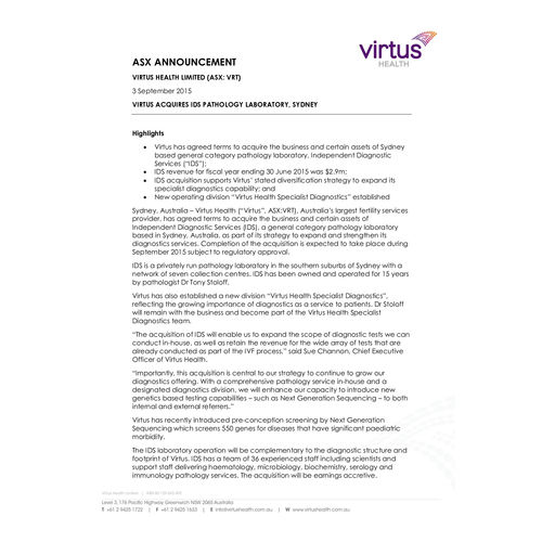 Virtus Acquires IDS Pathology Laboratory, Sydney
