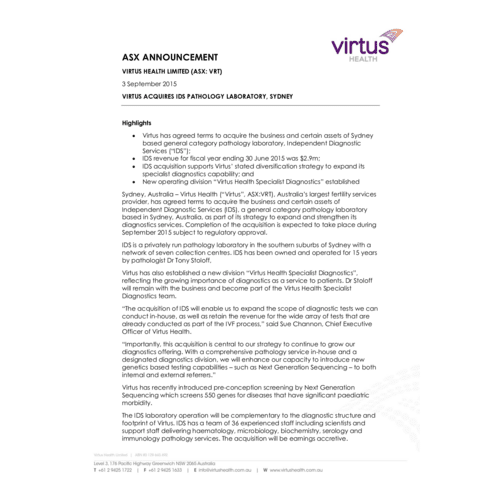 Virtus Acquires IDS Pathology Laboratory, Sydney