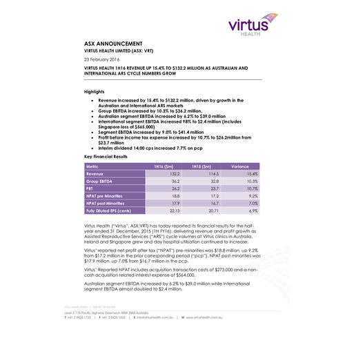 Virtus Health 1H16 Revenue Up 15.4% to $132.2 Million as Australian and International ARS Cycle Numbers Grow