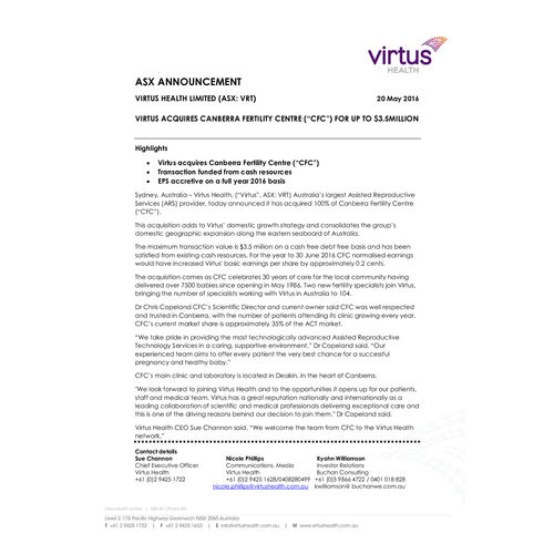 Virtus Acquires Canberra Fertility Centre