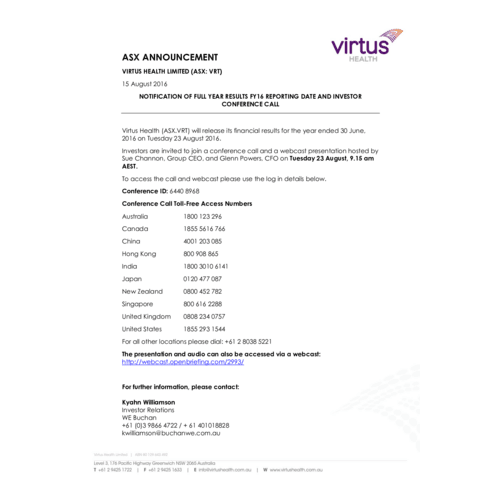Notification of Full Year Results FY16 Reporting Date and Investor Conference Call