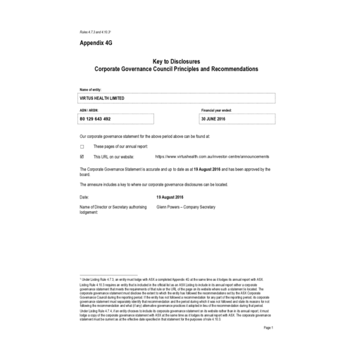 Appendix 4G and Corporate Governance Statement