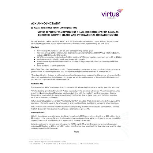 Virtus Health Full Year Financial Results FY2016 media release