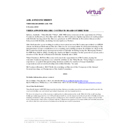 Virtus Appoints Mr Greg Couttas to Board of Directors