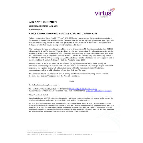 Virtus Appoints Mr Greg Couttas to Board of Directors