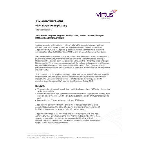 Virtus Health acquires Aagaard Fertility Clinic, Aarhus Denmark for up to DKK85million
