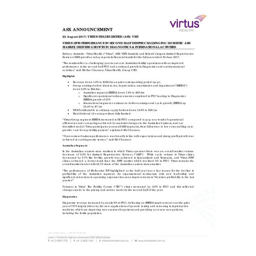 Virtus Health Full Year Financial Results FY2017 media release