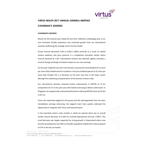 Virtus Health AGM Chairman's Address