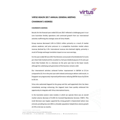 Virtus Health AGM Chairman's Address