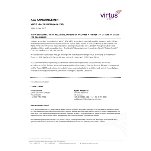 Virtus Health Ireland Ltd Acquires a Further 15% of Sims IVF Group