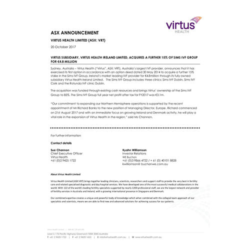 Virtus Health Ireland Ltd Acquires a Further 15% of Sims IVF Group