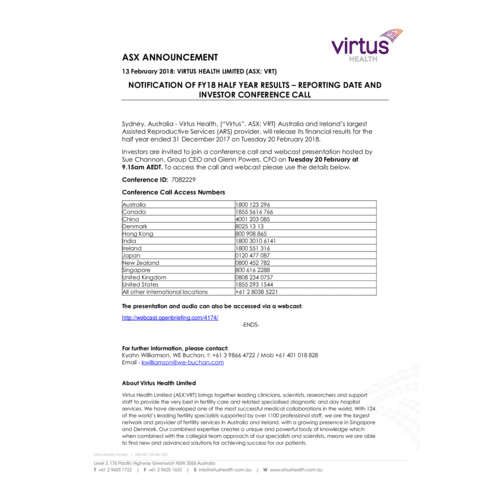 Notification of FY18 Half Year Results – Reporting Date & Investor Conference Call