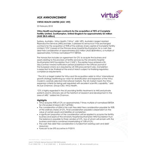 Virtus Health exchanges contracts for the acquisition of 90% of Complete Fertility Limited, Southampton, United Kingdom for approximately £5 million (AUD $8.8 million)