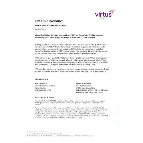 Virtus Health finalises the acquisition of 90% of Complete Fertility Limited, Southampton UK for £4.9M