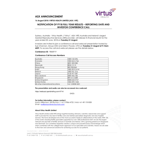 Notification of FY18 Full Year Results Reporting Date and Investor Conference Call