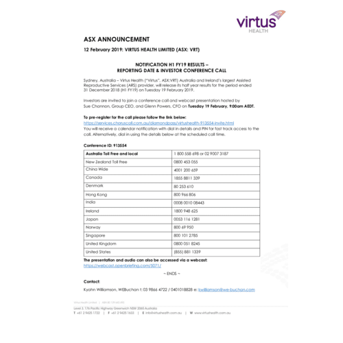 Notification of FY19 Half Year Results - Reporting Date & Investor Conference Call