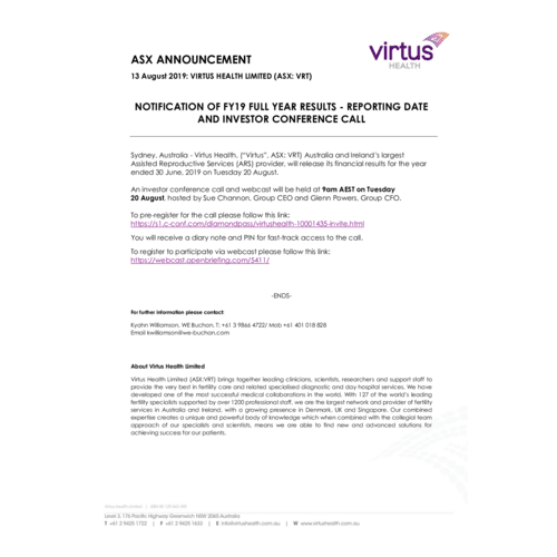 Notification of FY19 full year results - reporting date and investor conference call