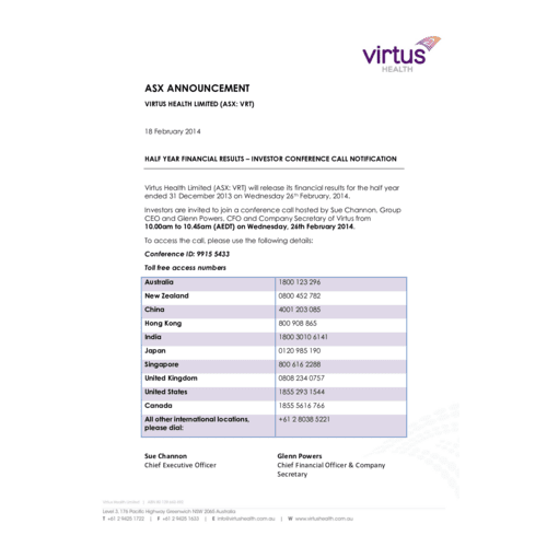 2014 Half Year Financial Results – Investor Conference Call Notification