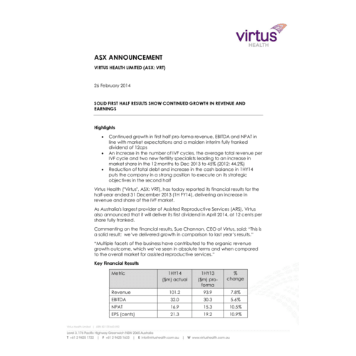 2014 Solid First Half Results Show Continued Growth in Revenue and Earnings