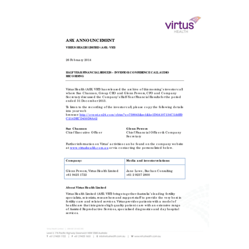 2014 Half Year Financial Results – Investor Conference Call Audio Recording