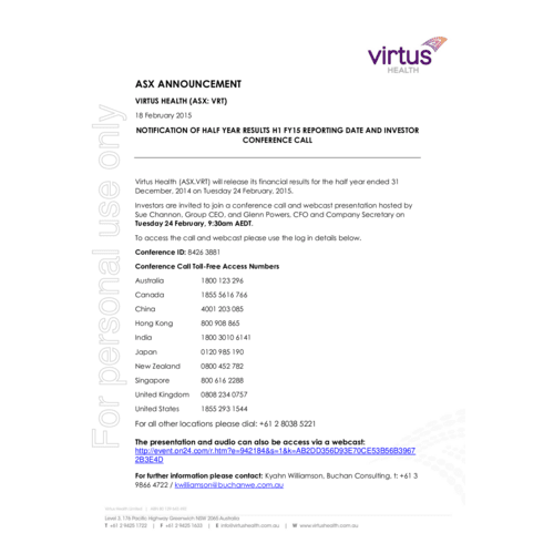 Notification of H1 FY15 Results & Investor Conference Call Details