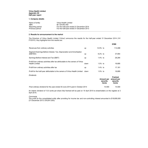 Appendix 4D Half Year Report - 31 Dec 2014