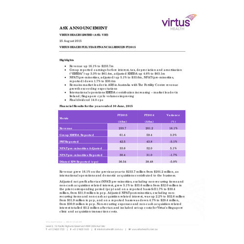 Virtus Health Full Year Financial Results FY2015 media release