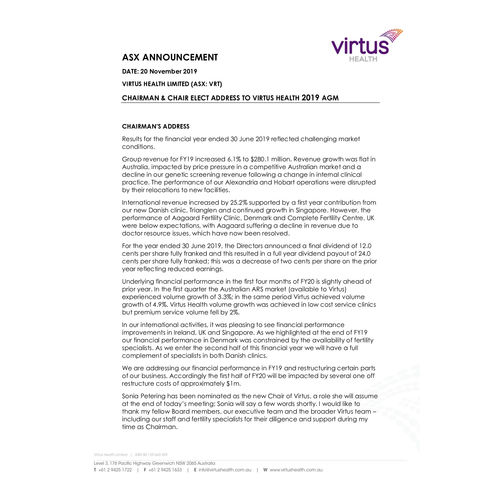 Virtus Health AGM - Chairman's Address