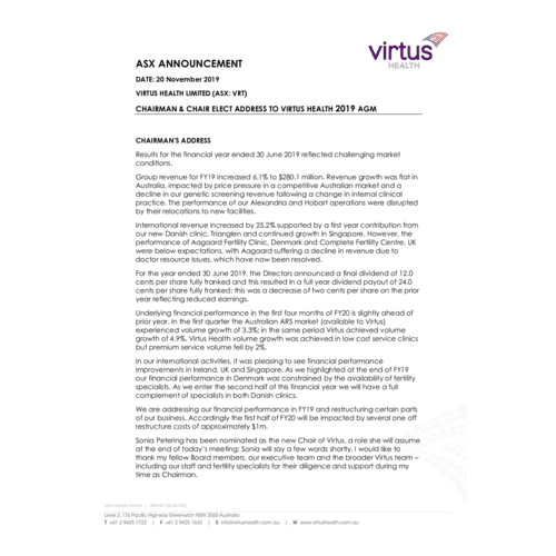 Virtus Health AGM - Chairman's Address