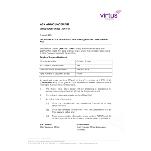2014 Disclosure Notice Under ss708A(5)(e)