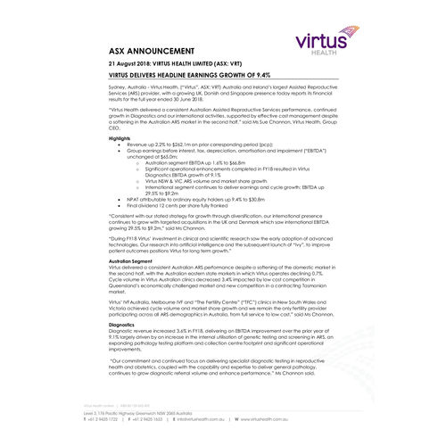 Virtus Health Full Year Financial Results FY2018 media release