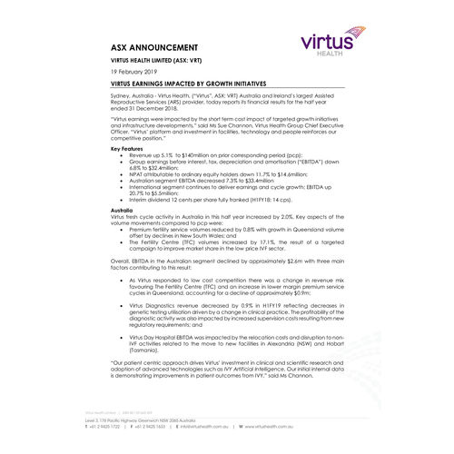 Virtus Health Earnings Impacted by Growth Intiatives