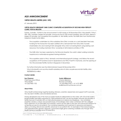 Virtus Health Subsidiary Sims Clinic Completes Acquisition of Second Irish Fertility Clinic for €6 Million