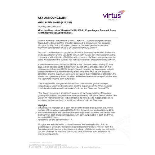 Virtus Health acquires Trianglen Fertility Clinic, Copenhagen, Denmark for up to DKK202million (AUD43.0million)