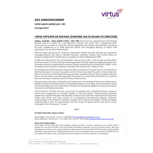 Virtus appoints Dr Michael Stanford AM to Board of Directors - 4 September 2019