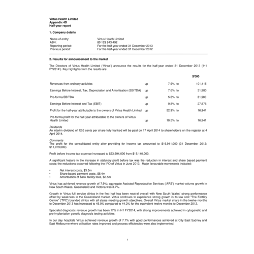 Appendix 4D & Interim Report - 31 Dec 2013