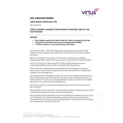 2014 Virtus Acquires a Majority Stake in Irish IVF Provider, SIMS IVF, for €15.49M