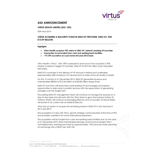 2014 Virtus Acquires a Majority Stake in Irish IVF Provider, SIMS IVF, for €15.49M