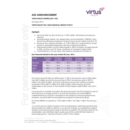 Virtus Health Full Year Financial Results FY2014
