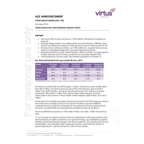 Virtus Health Full Year Financial Results FY2014