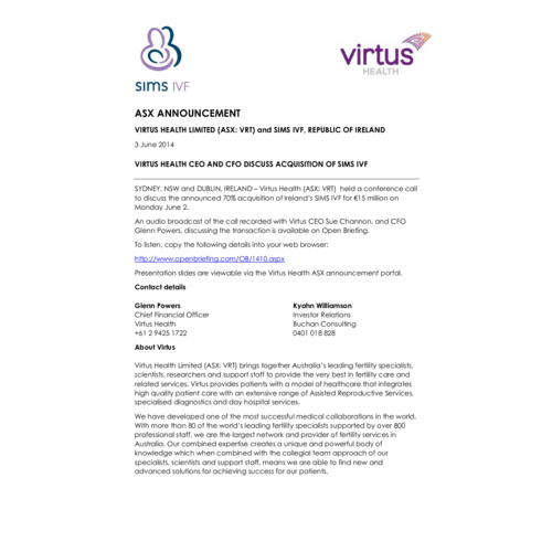 Virtus Health CEO and CFO Discuss Acquisition of Sims IVF